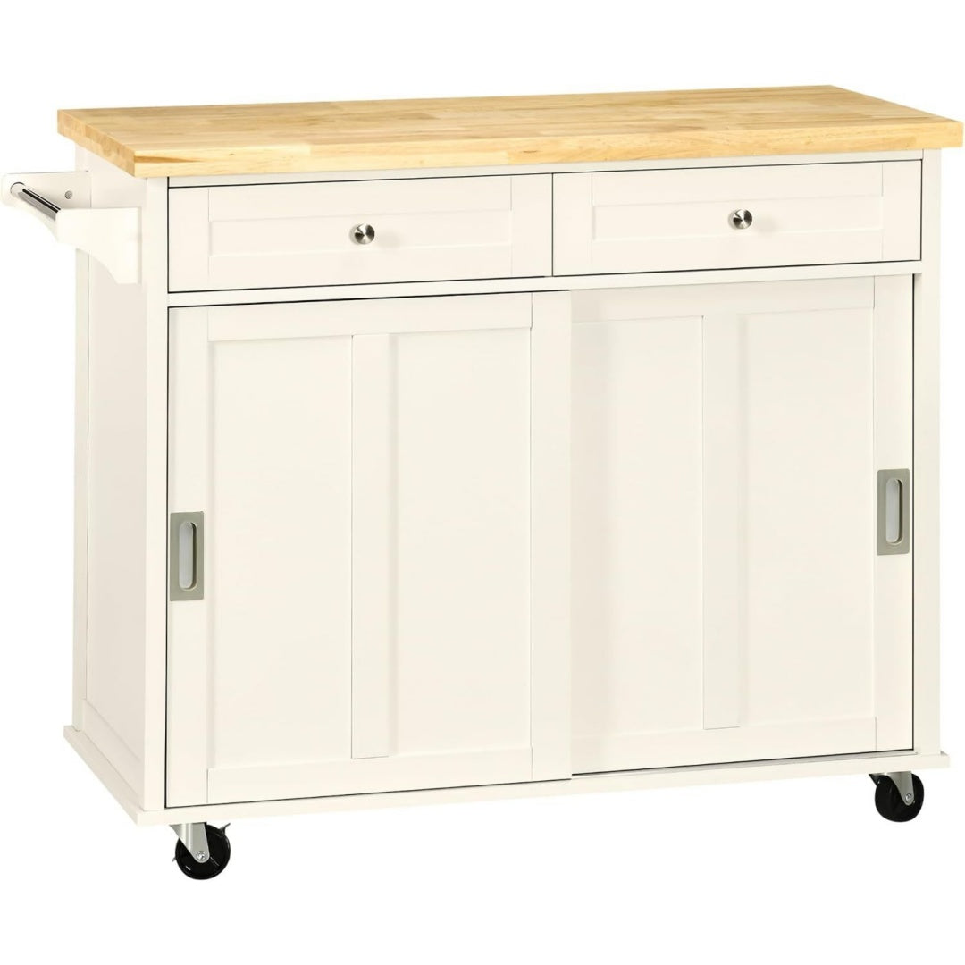 Credenze mobili Isola per Cucina in Legno e MDF con 4 Ruote 110x49.5x89.5 cm Bianco