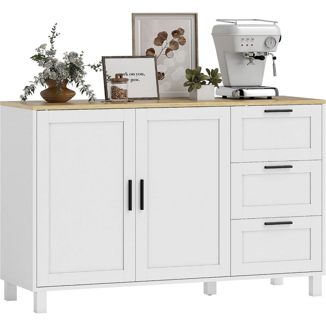 Credenze e buffet Credenza Cucina con 3 Cassetti 5 Gambe in Pino 120x38x76 cm Bianco